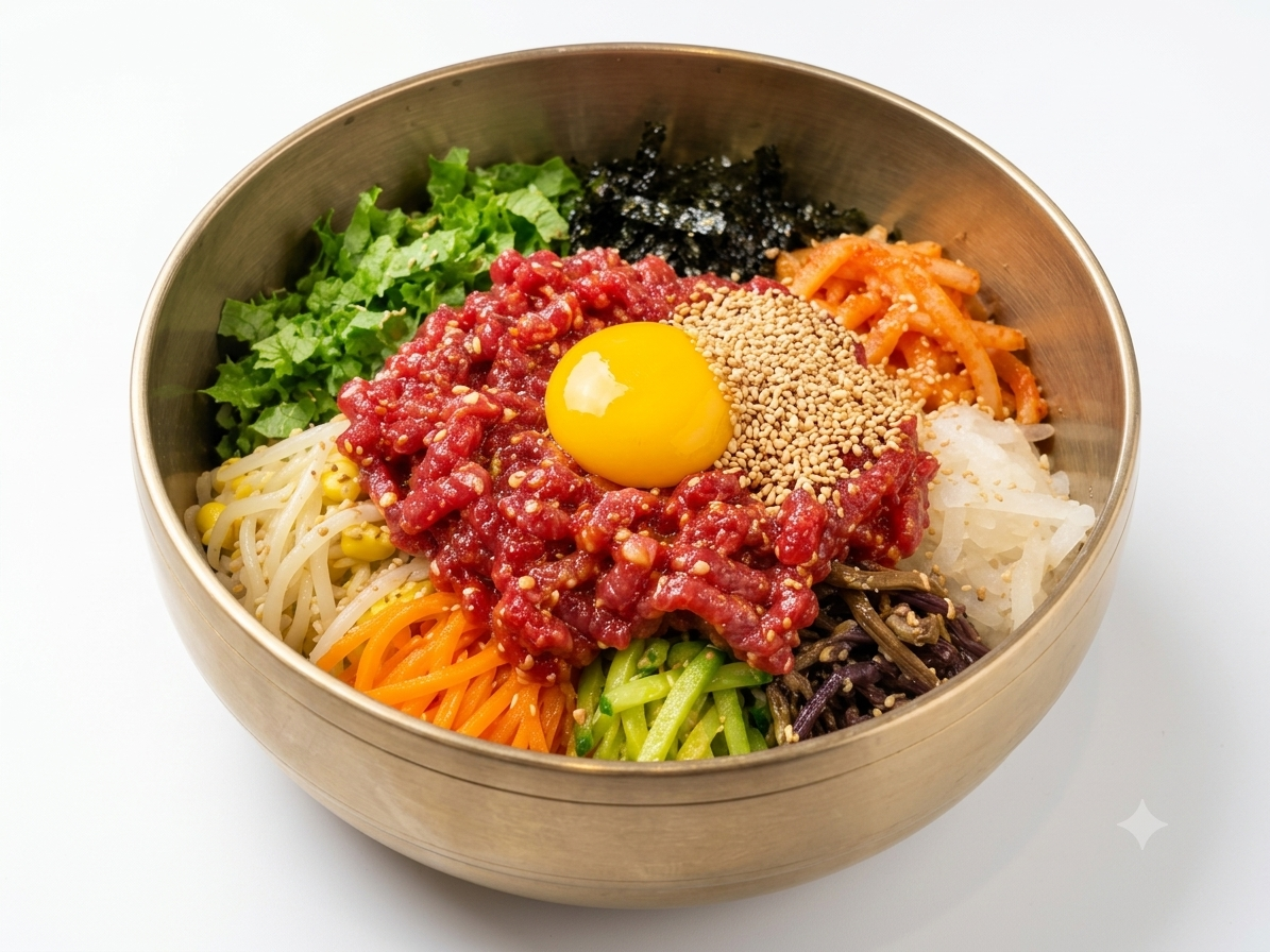 A colorful Korean bibimbap bowl ready to mix